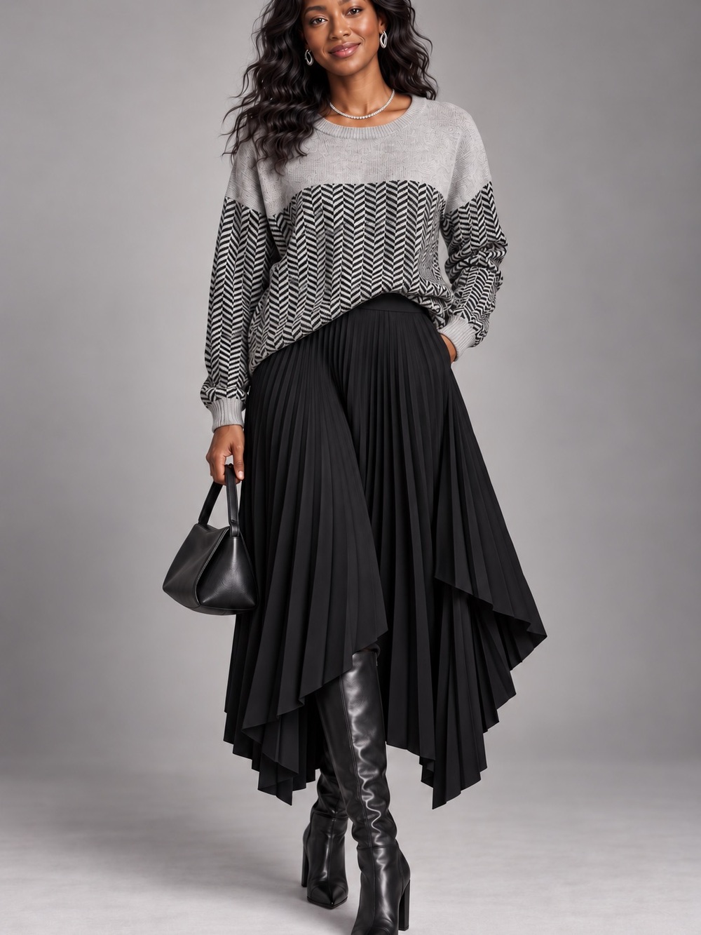 & Other Stories Gray and Black Chevron Crewneck Sweater